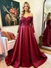 Burgundy Satin Long Sleeve Prom Dress