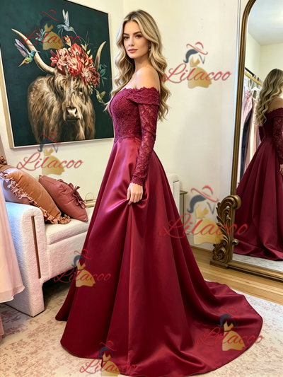 Burgundy Satin Long Sleeve Prom Dress