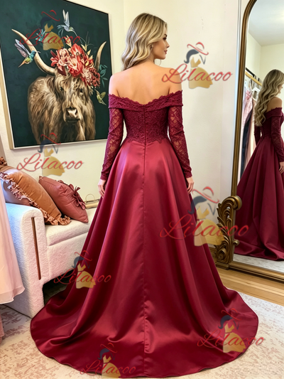 Burgundy Satin Long Sleeve Prom Dress