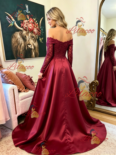 Burgundy Satin Long Sleeve Prom Dress