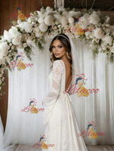 White Lace V-neck Long Sleeve Wedding Dress