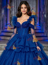 Blue Tulle Straps Tiers Beading Quinceanera Dress