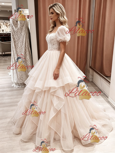 Champagne Tulle Puff Sleeve Lace Wedding Dress