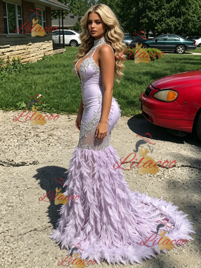 Purple Mermaid Halter Feather Prom Dress