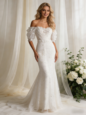 White Mermaid Lace Puff Sleeve Flower Wedding Dress