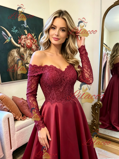 Burgundy Satin Long Sleeve Prom Dress