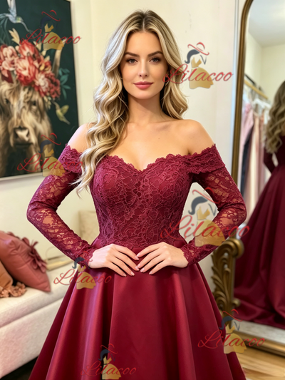 Burgundy Satin Long Sleeve Prom Dress