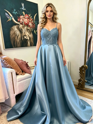 Blue Satin Spaghetti Straps Lace Prom Dress
