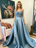 Blue Satin Spaghetti Straps Lace Prom Dress