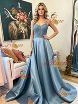 Blue Satin Spaghetti Straps Lace Prom Dress