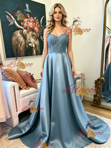 Blue Satin Spaghetti Straps Lace Prom Dress