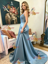 Blue Satin Spaghetti Straps Lace Prom Dress