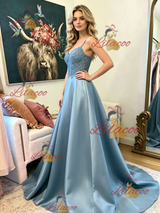 Blue Satin Spaghetti Straps Lace Prom Dress