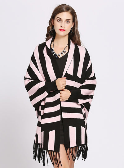 Bat Sleeve Striped Tassel Knitted Shawl Coat