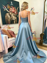 Blue Satin Spaghetti Straps Lace Prom Dress