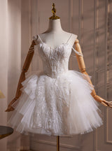 White Tulle Spaghetti Straps Beading Wedding Dress