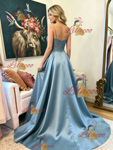 Blue Satin Spaghetti Straps Lace Prom Dress