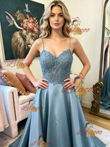 Blue Satin Spaghetti Straps Lace Prom Dress