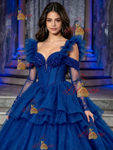 Blue Tulle Straps Tiers Beading Quinceanera Dress