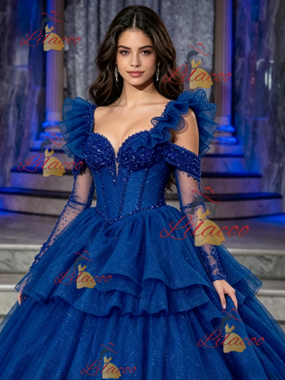 Blue Tulle Straps Tiers Beading Quinceanera Dress