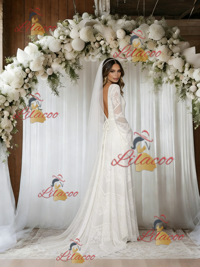 White Lace V-neck Long Sleeve Wedding Dress