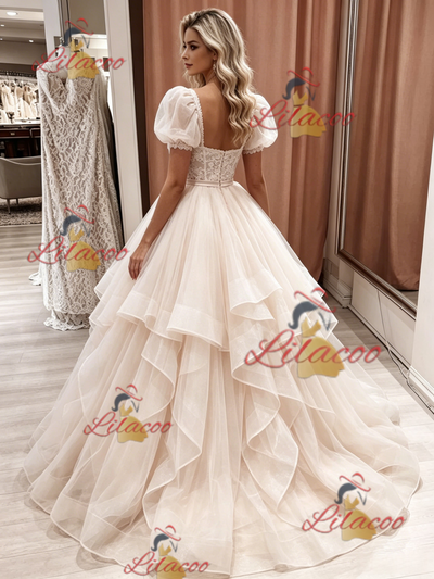 Champagne Tulle Puff Sleeve Lace Wedding Dress