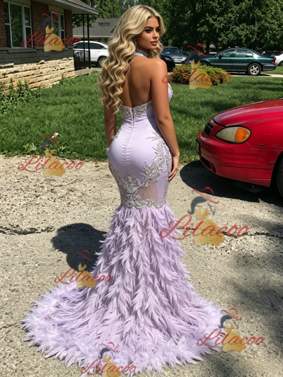 Purple Mermaid Halter Feather Prom Dress