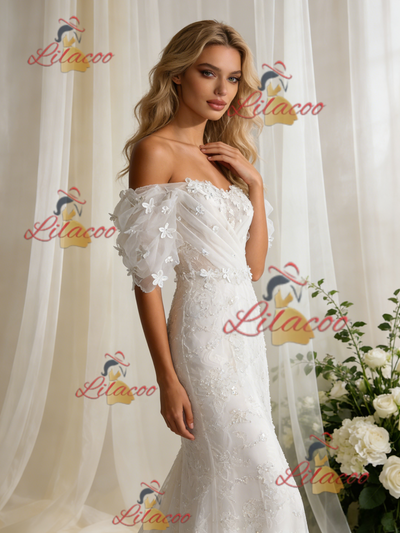 White Mermaid Lace Puff Sleeve Flower Wedding Dress
