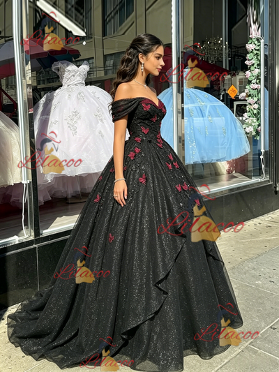 Black Tulle Appliques Quinceanera Dress