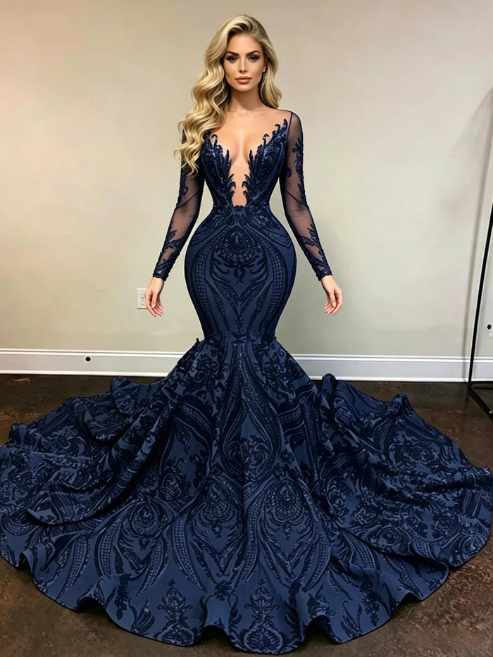 Navy Blue Mermaid Sequins Long Sleeve Prom Dress