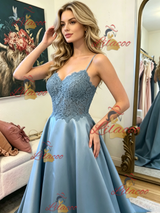 Blue Satin Spaghetti Straps Lace Prom Dress