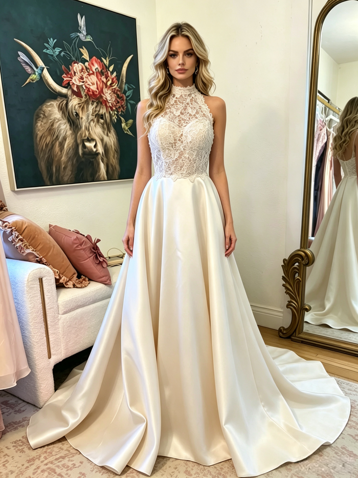 Ivory Halter Satin Lace Prom Dress