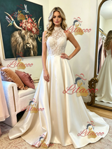 Ivory Halter Satin Lace Prom Dress