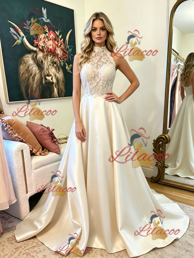 Ivory Halter Satin Lace Prom Dress