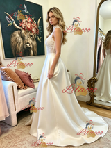 Ivory Halter Satin Lace Prom Dress