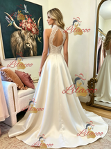Ivory Halter Satin Lace Prom Dress