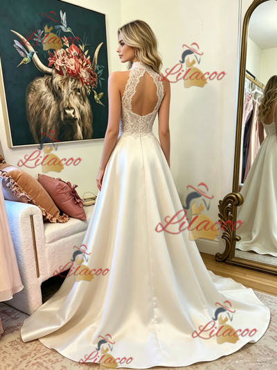 Ivory Halter Satin Lace Prom Dress