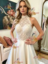 Ivory Halter Satin Lace Prom Dress