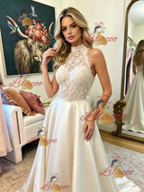 Ivory Halter Satin Lace Prom Dress