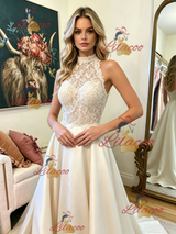Ivory Halter Satin Lace Prom Dress