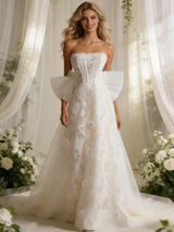 White Lace Strapless Bow Wedding Dress
