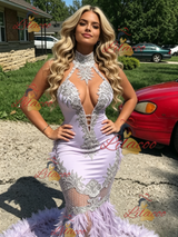 Purple Mermaid Halter Feather Prom Dress