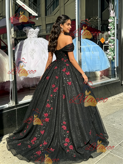 Black Tulle Appliques Quinceanera Dress