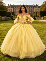 Yellow Tulle Long Sleeve Flower Quinceanera Dress