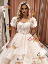Champagne Tulle Puff Sleeve Lace Wedding Dress
