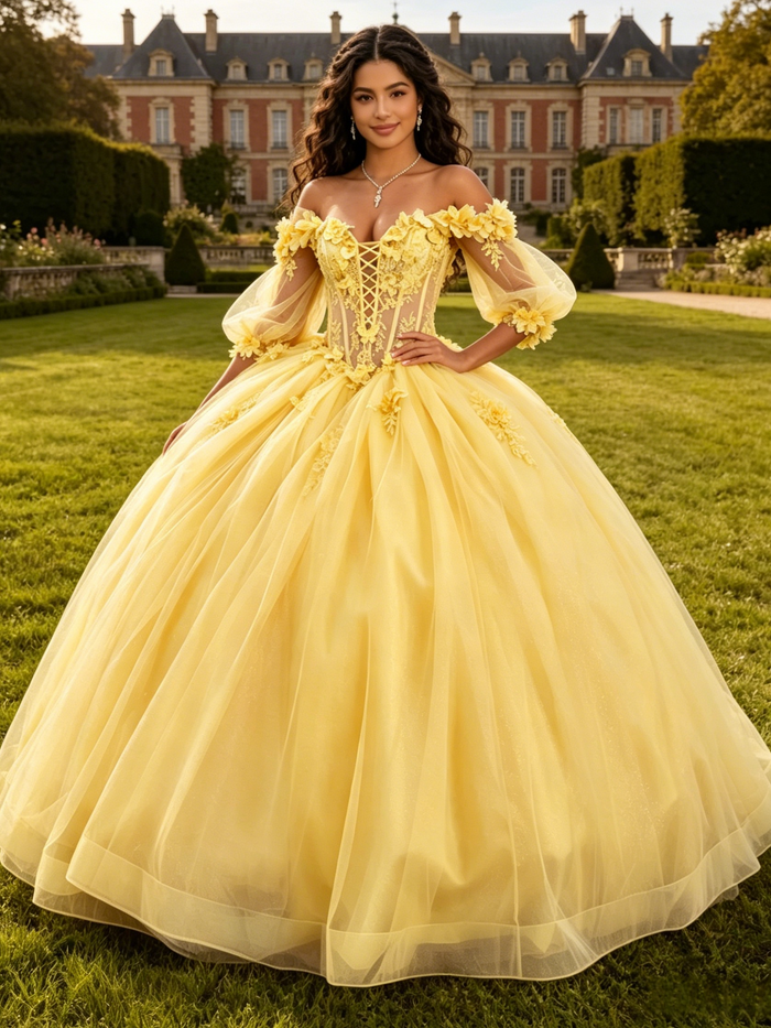 Yellow Tulle Long Sleeve Flower Quinceanera Dress
