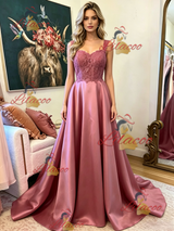 Pink Satin Lace Straps Prom Dress