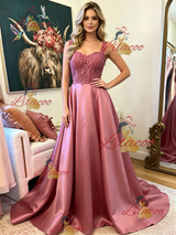 Pink Satin Lace Straps Prom Dress