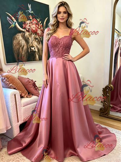 Pink Satin Lace Straps Prom Dress