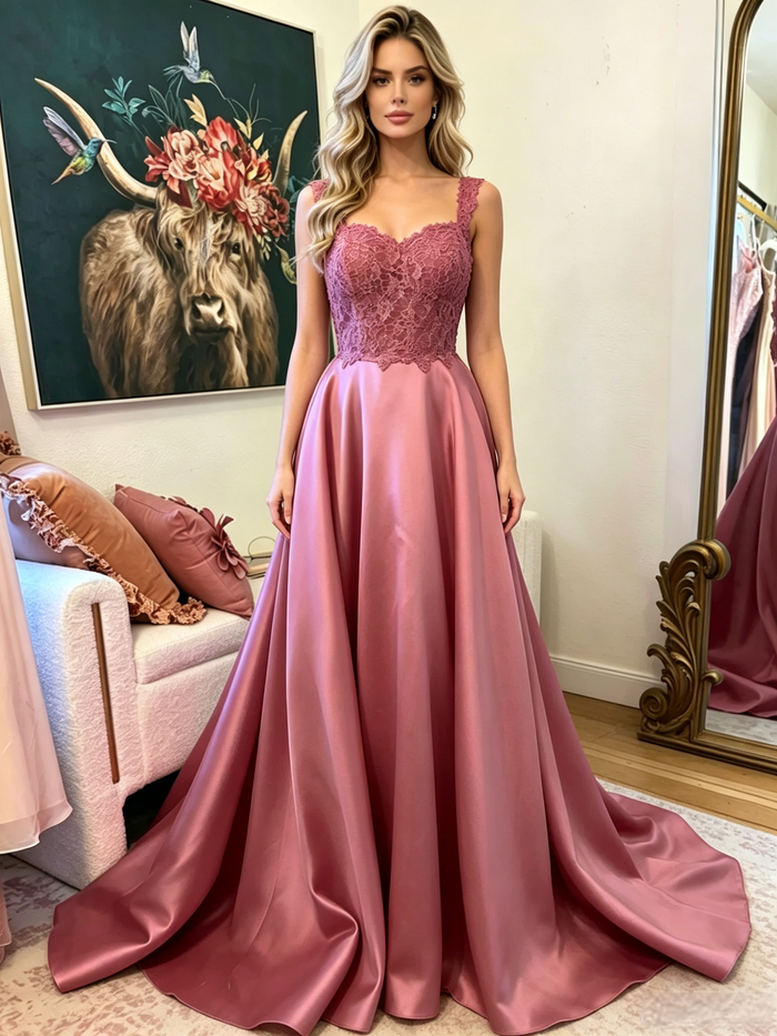 Pink Satin Lace Straps Prom Dress